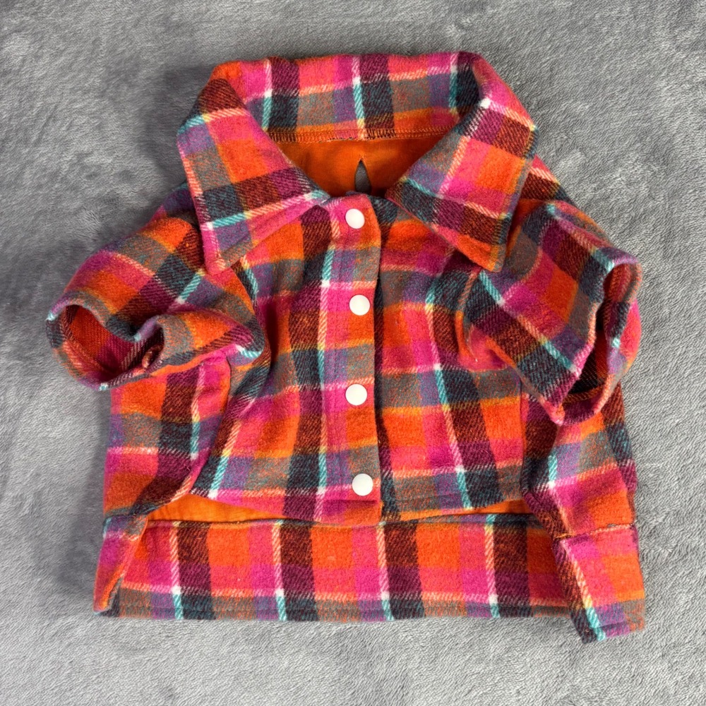 Heart to Tail Flannel Dog Shirt Small Orange Pink Plaid Pet Snap Button Jacket